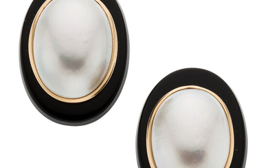 Mabe Pearl, Black Onyx, Gold Earrings The earrings feature...