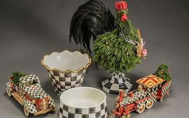 MacKenzie-Childs Checkered Enamel Locomotive with Tender, Model T Pick-Up Truck, Figure of a Rooster, Jardinière and a Bowl Modern