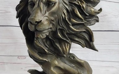 Male Lion Abstract Modern Bust Sculpture Bronze On Marble - 12" x 7"