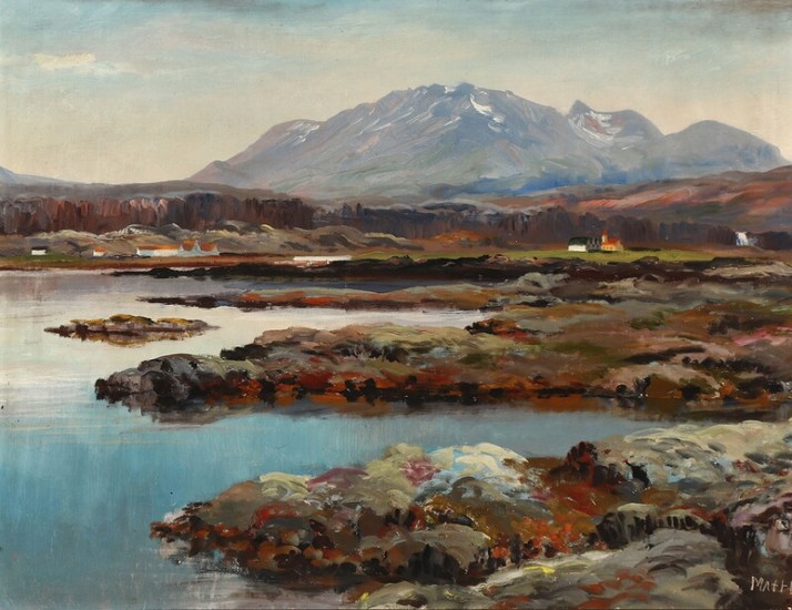 Matthias Sigfússon: View from Iceland. Signed Matthias 1948. Oil on canvas. 70×91 cm.