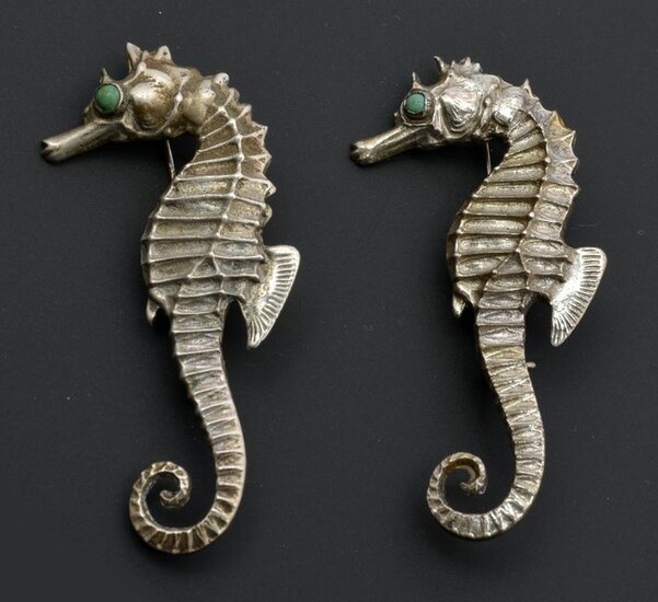 Mexican Silver Seahorse Pins (2) with cabochon eyes.