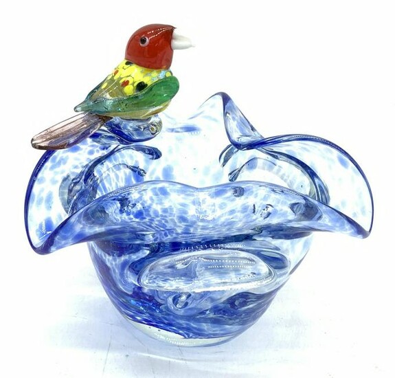 Murano Glass Style Bowl With Bird Figural