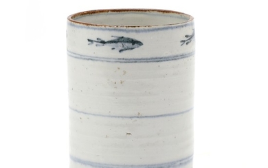 Myre Vasegaard: Cylindrical stoneware vase decorated with blue glazed fish motifs and line decor. H. 13 cm.