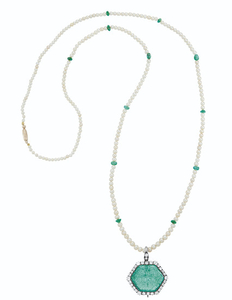 NATURAL PEARL, EMERALD AND DIAMOND PENDANT-NECKLACE