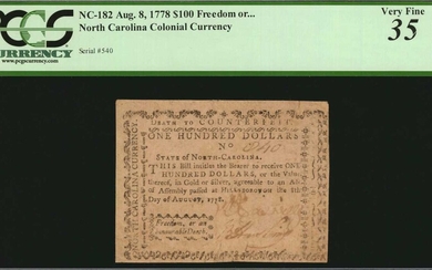NC-182. North Carolina. August 8, 1778. $100. PCGS Currency Very Fine 35.