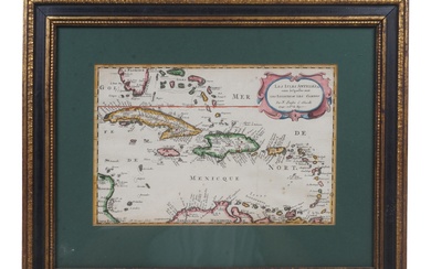 NICOLAS SANSON, FRENCH 1600-1667, MAP OF THE CARIBBEAN, 'LES ISLES ANTILLES....' 1700, Hand-colored engraving, Frame: 15 x 18 3/4 in. (38.1 x 47.6 cm.)