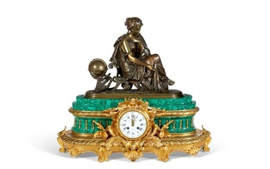 Napoleon III Ormolu Patinated - Bronze and Malachite Mantel Clock