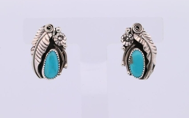 Native America Navajo Handmade Sterling Silver Turquoise Post Earring's By H.M.