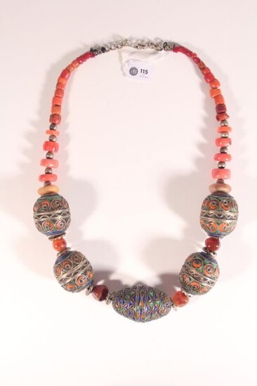 Necklace with balls Tagmout made up of coral beads, silver plated pearls and glass beads around five silver Tagmout beads 800 thousandths raised of green, blue and yellow enamel - Morocco - Tiznit - Length 68 cm - Gross weight 266,4 g.
