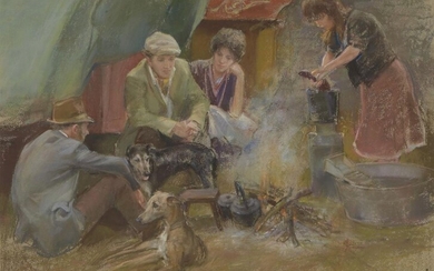 Neil Forster, British 1940-2016 - Gypsy group with greyhounds; pastel on paper, signed lower right 'Neil Forster', 42.9 x 56.2 cm (ARR)