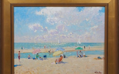 Niek van der Plas (Dutch, b. 1954), "Beach Scene," H.- 17 in., W.- 22 1/2 in., Framed- H.- 24 1/8