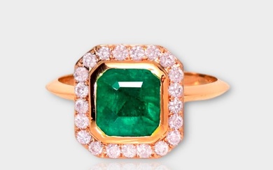 No Reserve- IGI 2.09 ct Natural Bluish Green Emerald and 0.33 ct Pink Diamonds - 14 kt. Pink gold - Ring Emerald