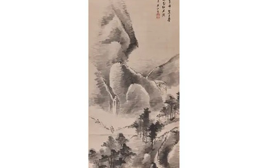 Okada Hankō (1782–1846) A Japanese mountainous landscape painting, ink on paper mounted...