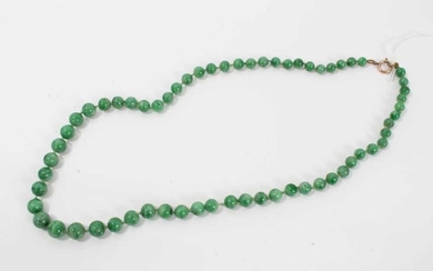 Old Chinese jade/green hardstone bead necklace with a string of graduated spherical beads measuring approximately 6 to 9mm diameter, approximately 54cm length