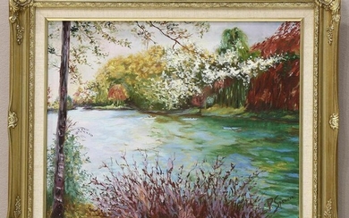 P. Spencer Oil On Canvas Floral Landscape with Water