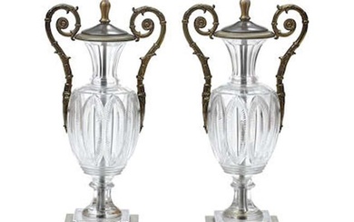 PAIR OF CHARLES X STYLE GILT BRONZE/CUT GLASS URN/LAMPS