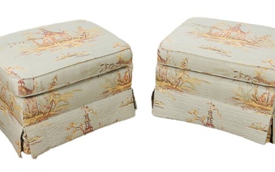 PAIR OF CHINOISERIE DECORATED HENREDON OTTOMANS.
