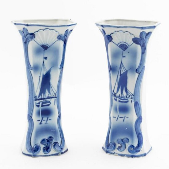 PAIR OF DUTCH BLUE & WHITE POTTERY SLEEVE VASES