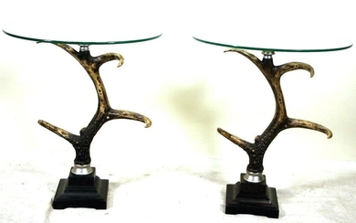 PAIR OF STAG HORN GLASS TOP SIDE TABLES