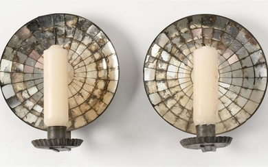 PAIR OF TIN MIRROR-BACK WALL SCONCES Heights 8.75".