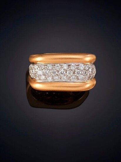 PAVÉ RING OF BRILLIANT RECTANGULAR DESIGN. Frame in matt pink and white 19k gold. Price: 900,00 Euros. (149.747 Ptas.)