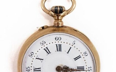 POCKET WATCH in 18K yellow gold. White enamel dial with Roman numerals. Chiselled case with LV initials. French work. Diameter: 3cm. Gross weight : 24.22 gr. A gold pocket watch.