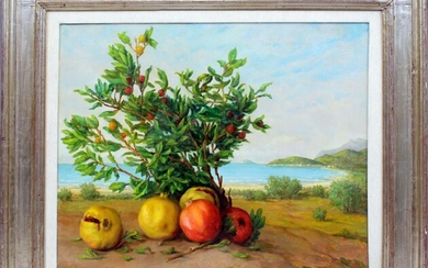 Paesaggio con melograni, olio su tela, cm. 50x60, entro cornice., Manlio Alfieri (1909 - 1991)