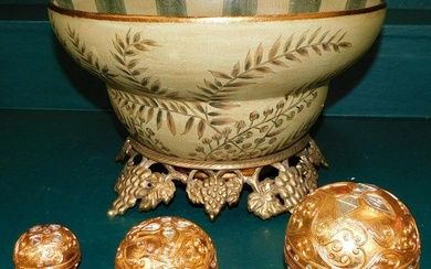 Paint Decorated Bowl on Brass Grape & Cable Stand