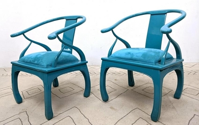Pair Asian Style decorator Lounge Chairs. Blue Lacquer