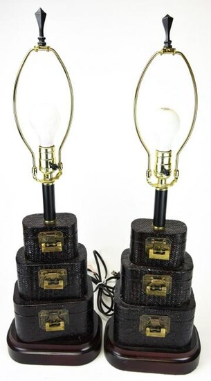 Pair Chinese Woven Stacking Boxes Form Lamps