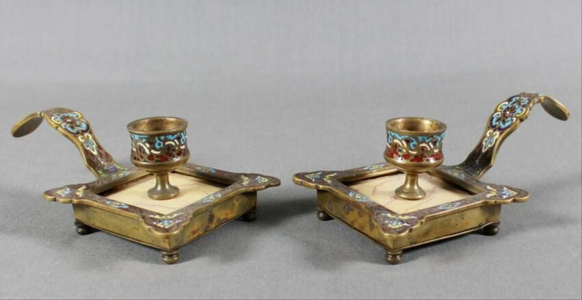 Pair Of French Champleve Enamel And Marble