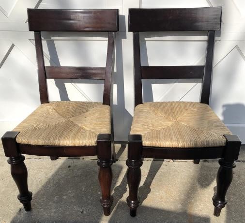 Pair Rush Seated Carved Dining Chairs