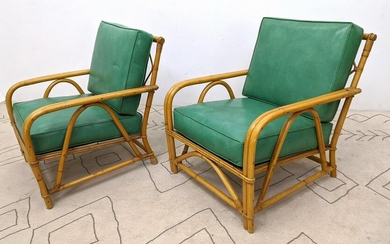 Pair WARD WICKER WARE Lounge Chairs. Green Vinyl Rever