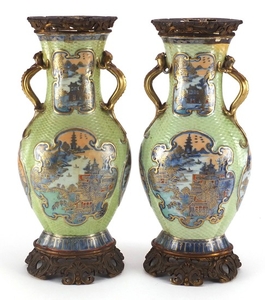 Pair of Chinese porcelain green ground vases with gilt metal...