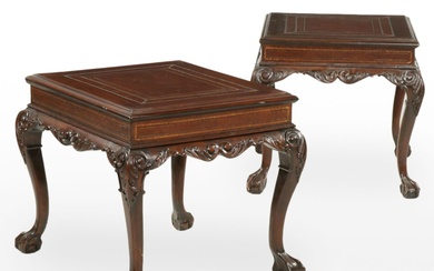 Pair of Chippendale Style Mahogany-Stained and Leather Inlaid Side Tables