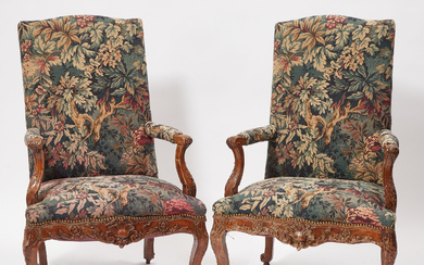 Pair of Early Louis XV Carved Walnut Fauteuils, c.1740