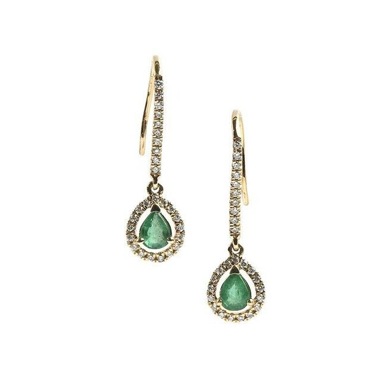 Pair of Emerald, Diamond, 14k Yellow Gold Earrings.