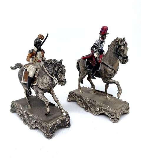 Pair of European Military Sculptures (2) - .800 silver, Glazes - Italy - Second half 20th century