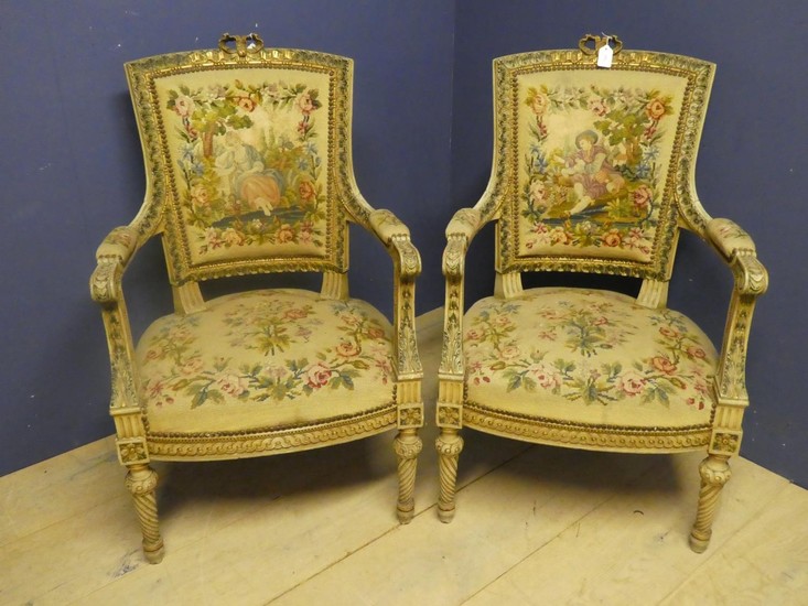 Pair of French C19th giltwood carved & painted fauteuils wit...