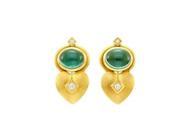 Pair of Gold, Cabochon Tourmaline and Diamond Earrings