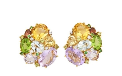Pair of Gold, Colored Stone and Diamond Cluster Earclips