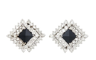 Pair of Platinum, Diamond and Black Onyx Earrings