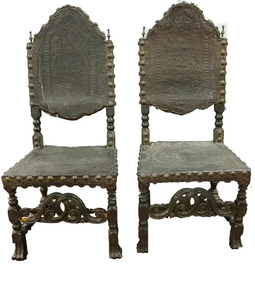 Pair of Portuguese walnut embossed side chairs