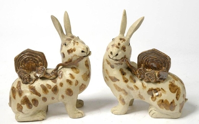 Pair of "Rabbits, Symbol of Longevity" in polychrome porcelain biscuit from China. Period: 18th century, Qianlong period. Bought at Leroux in Paris in 1979. (* and **). H.:+/-21cm.
