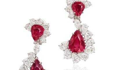 Pair of Ruby and Diamond Pendent Earrings | 天然「莫桑比克」未經加熱紅寶石 配 鑽石 耳墜一對 (紅寶石共重約19.73克拉）