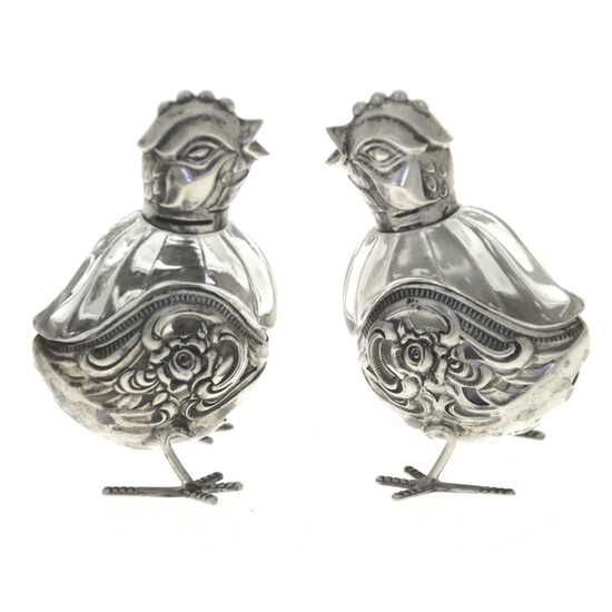 Pair of Silver and Glass Chick Salt and Pepper Shakers, Albert Bodemer, Germany, 20th Century.
