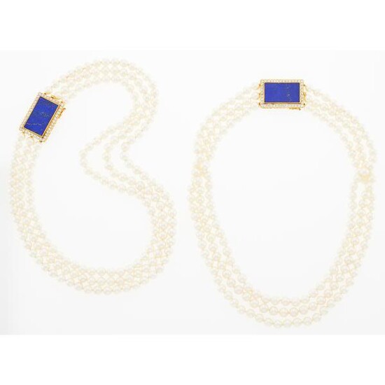 Pair of Triple Strand Cultured Pearl Necklaces with Gold, Lapis and Diamond Clasps