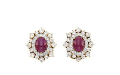 Pair of Two-Color Gold, Cabochon Ruby and Diamond Earclips