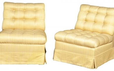 Pair of Yellow Upholstered Button-Tufted Slipper Chairs Height 39 1/2 inches (100.3 cm), width 23 inches (58.4 cm), de...
