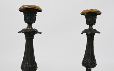 Pair of candlesticks, made of die-cast zinc, around 1870. Blackened with brass ring around the base